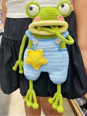Handmade DIY Green Frog Crochet Kit Kids Bag with Blue Overalls and Yellow Star